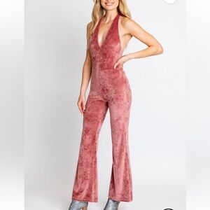 Velvet Plunge Halter Jumpsuit in Rose